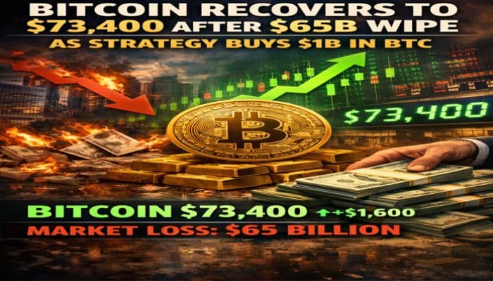 Bitcoin Recovers to $73,400 After $65B Wipe as Strategy Buys $1B in BTC